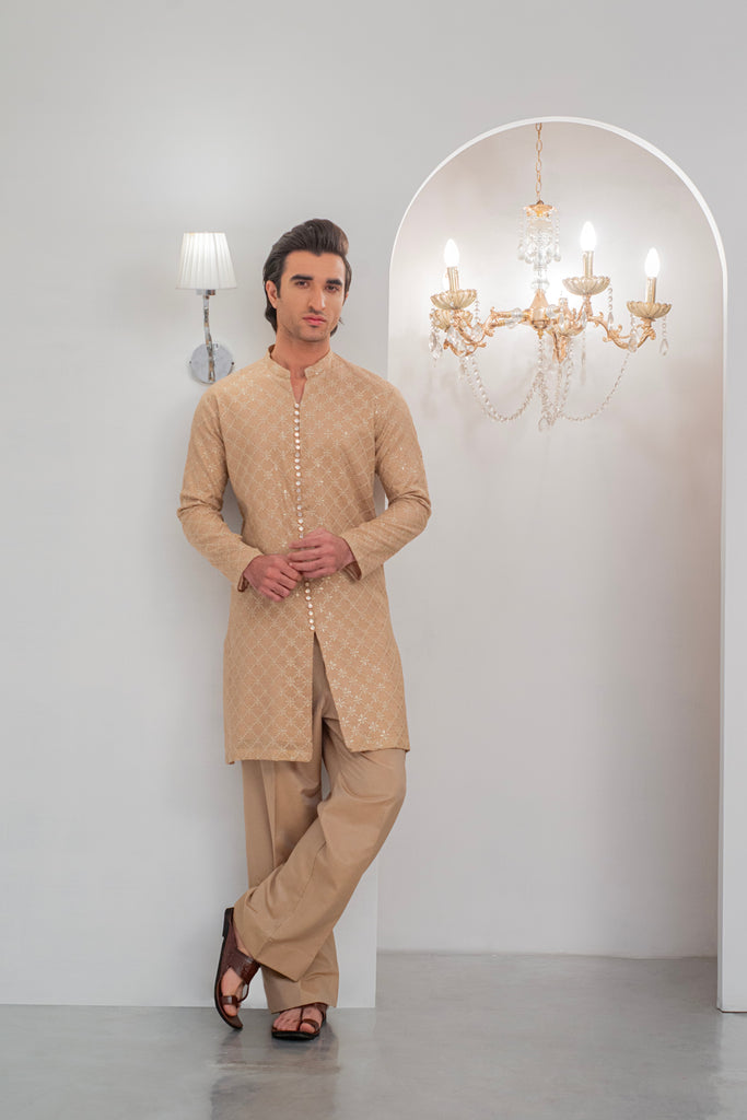Mate Gold Front Open Embroidered Kurta With Bell Bottom Pajama For Men's