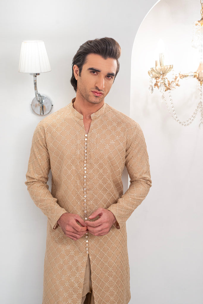 Mate Gold Front Open Embroidered Kurta With Bell Bottom Pajama For Men's
