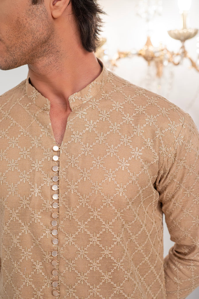 Mate Gold Front Open Embroidered Kurta With Bell Bottom Pajama For Men's