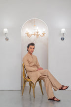 Mate Gold Front Open Embroidered Kurta With Bell Bottom Pajama For Men's
