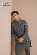 Classic Grey Embroidery Prince Coat + Plan Grey Kurta Pajama For Men's