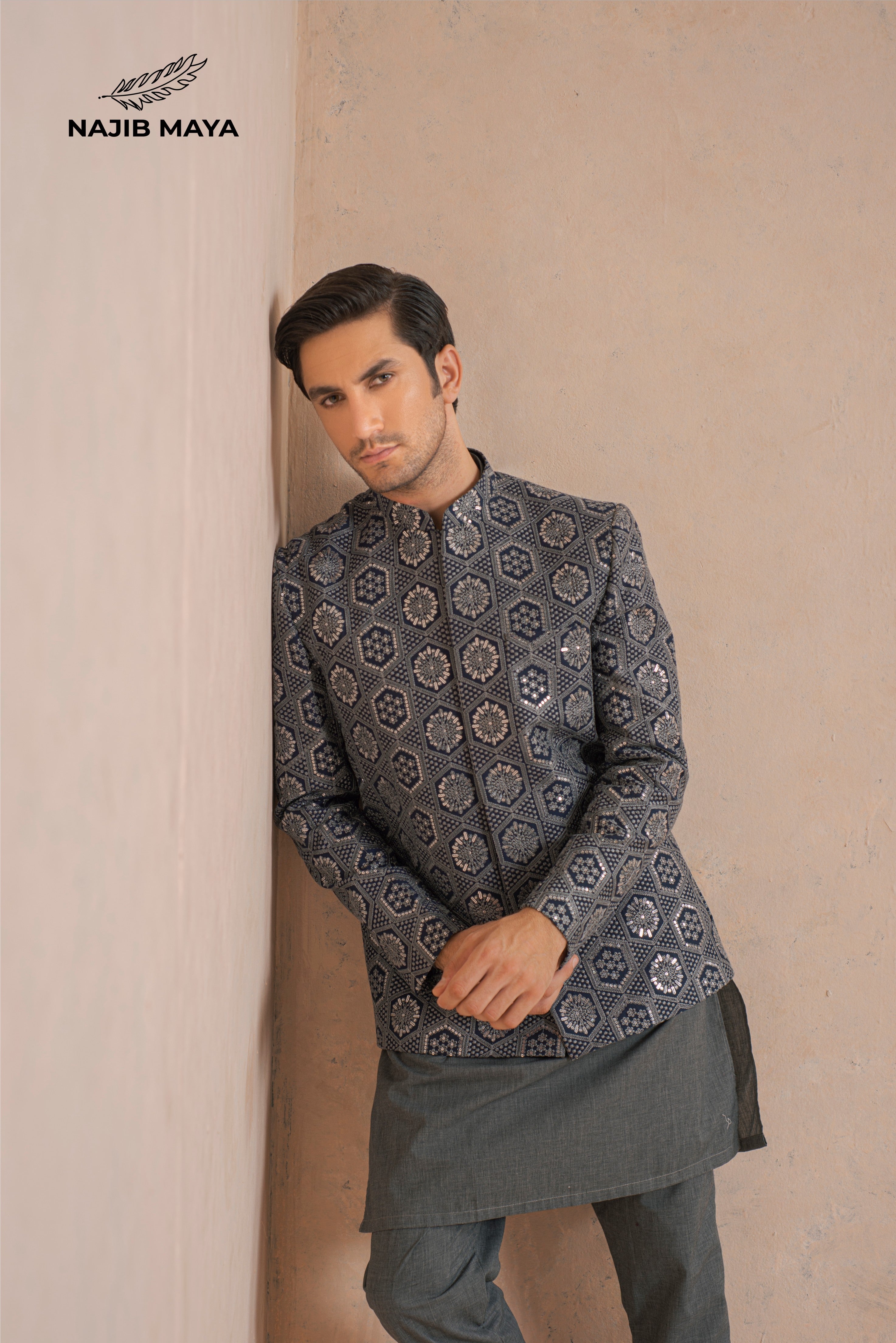 Classic Grey Embroidery Prince Coat + Plan Grey Kurta Pajama For Men's
