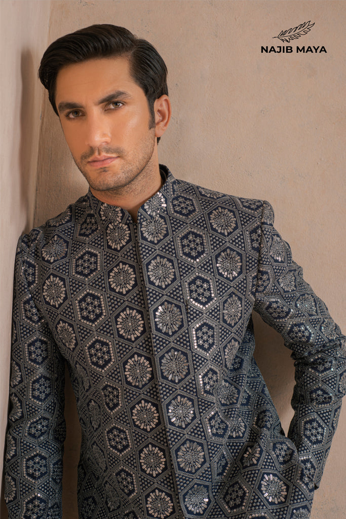Classic Grey Embroidery Prince Coat + Plan Grey Kurta Pajama For Men's