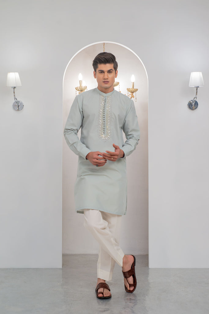 Pista Green Front Handwork Kurta With Pajama For Men's