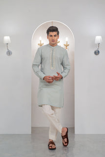 Pista Green Front Handwork Kurta With Pajama For Men's