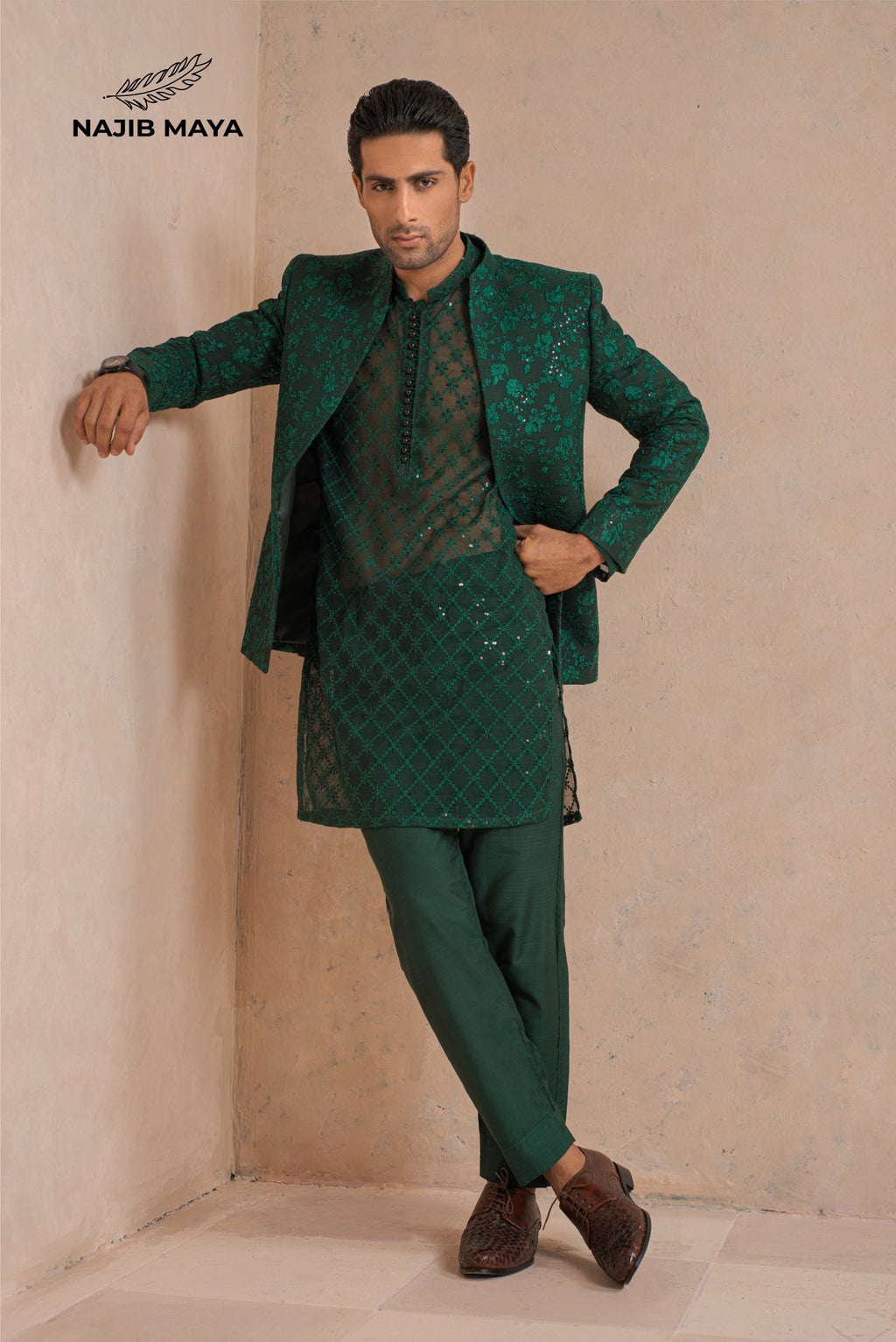 Green Embroidery Prince Coat + Green Embroidery Kurta Pajama For Men's