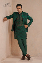 Green Embroidery Prince Coat + Green Embroidery Kurta Pajama For Men's