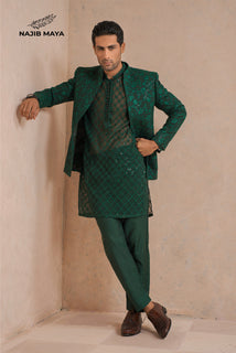 Green Embroidery Prince Coat + Green Embroidery Kurta Pajama For Men's
