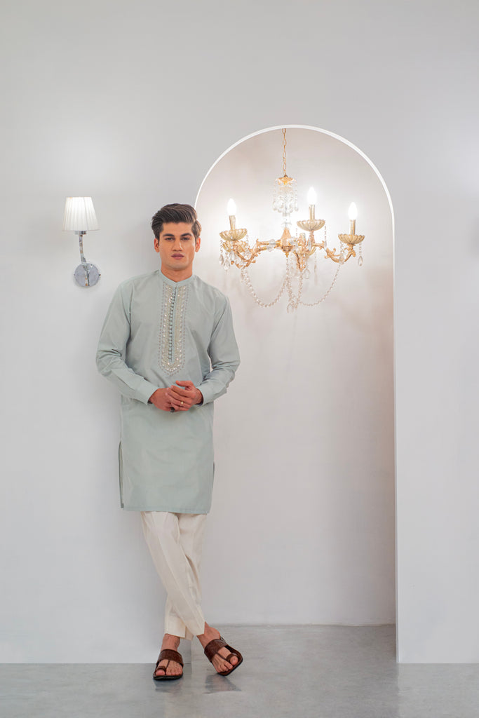 Pista Green Front Handwork Kurta With Pajama For Men's