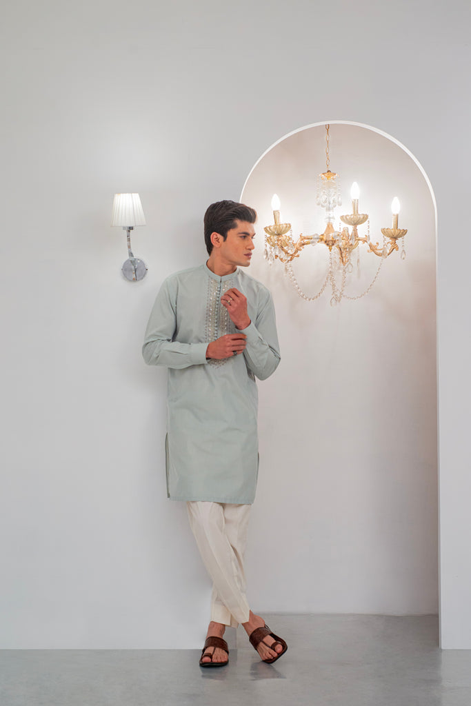 Pista Green Front Handwork Kurta With Pajama For Men's
