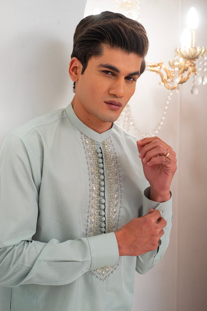 Pista Green Front Handwork Kurta With Pajama For Men's