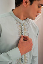 Pista Green Front Handwork Kurta With Pajama For Men's