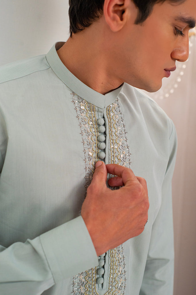 Pista Green Front Handwork Kurta With Pajama For Men's