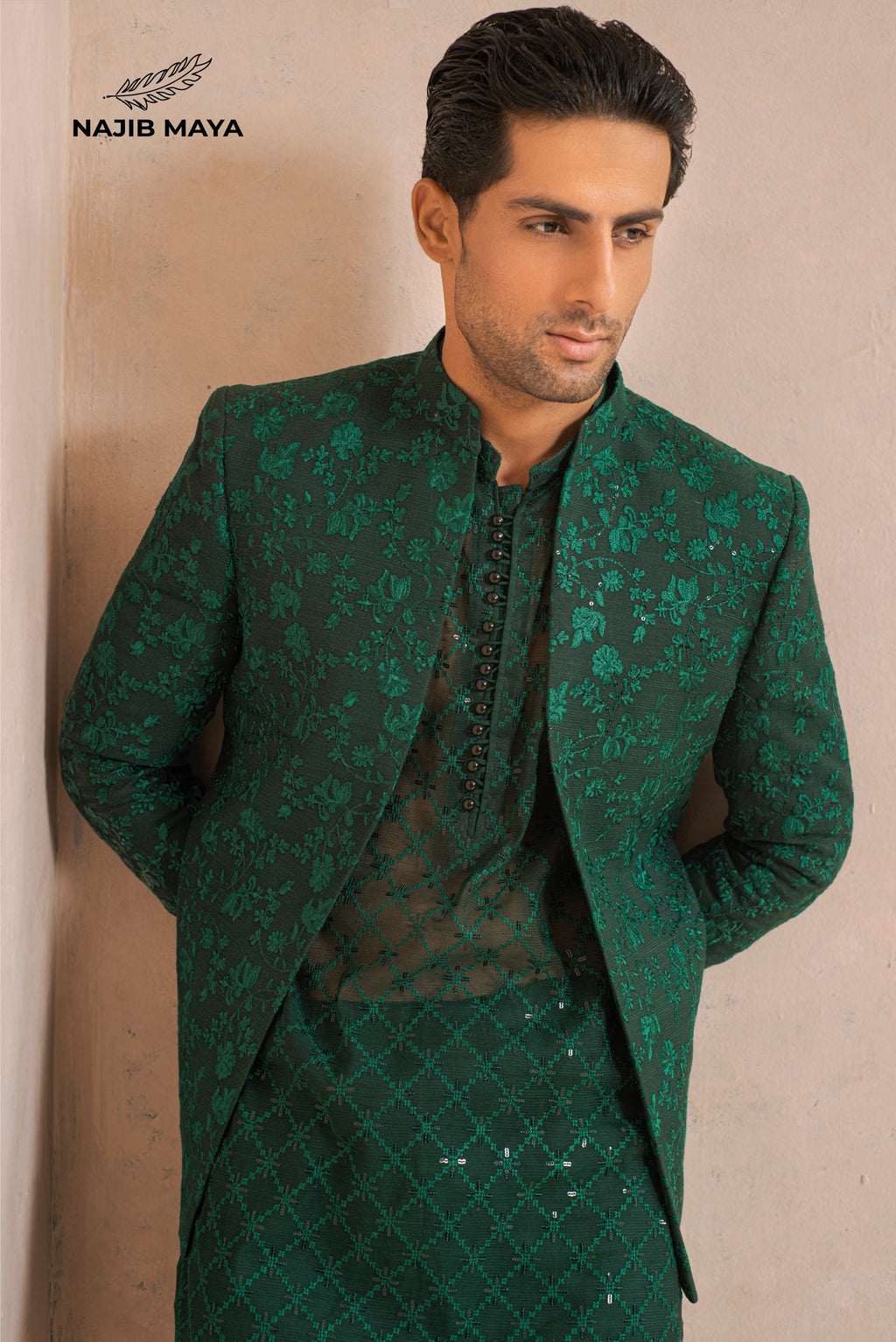 Green Embroidery Prince Coat + Green Embroidery Kurta Pajama For Men's