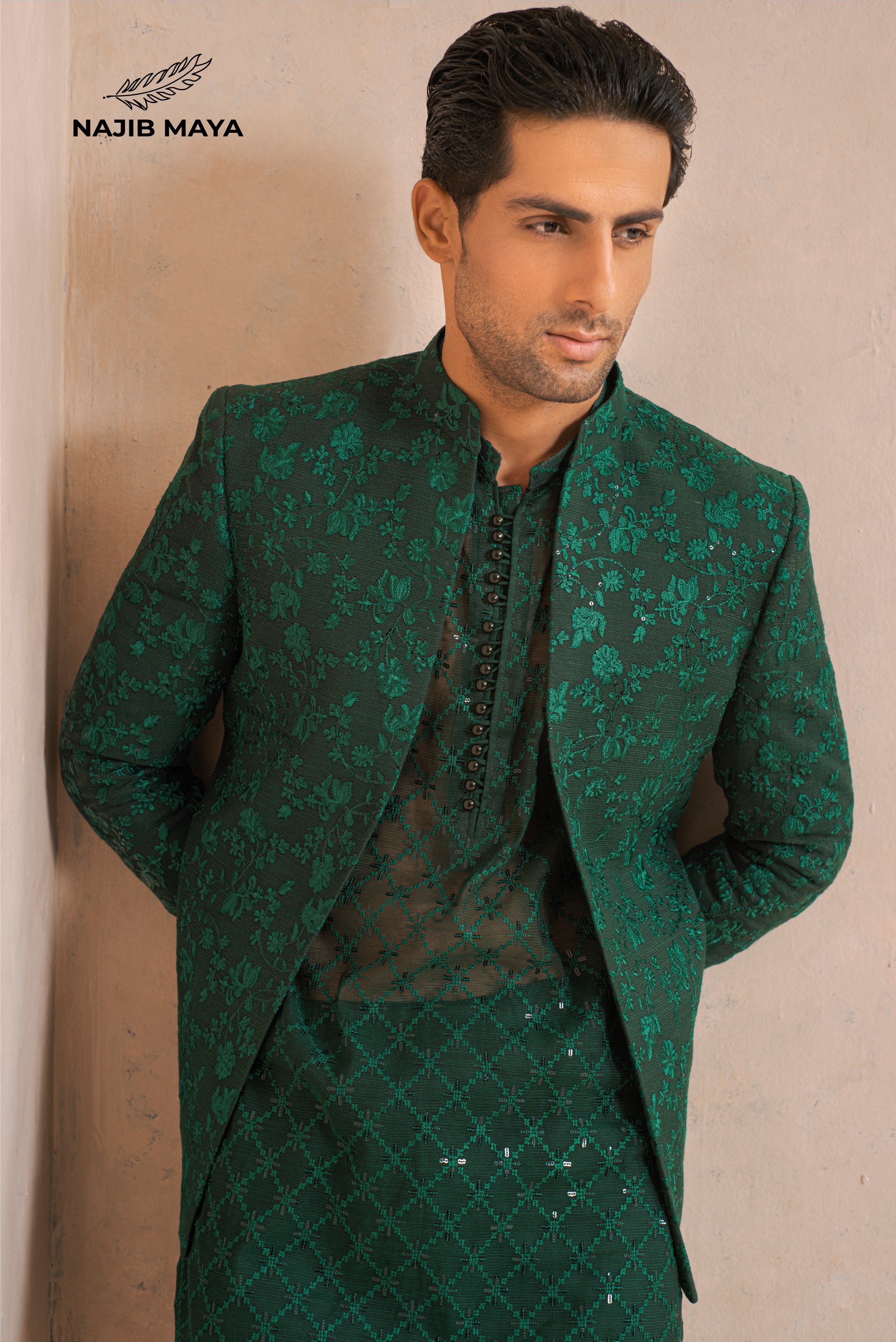 Green Embroidery Prince Coat + Green Embroidery Kurta Pajama For Men's