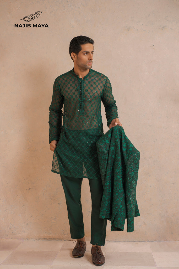 Green Embroidery Prince Coat + Green Embroidery Kurta Pajama For Men's
