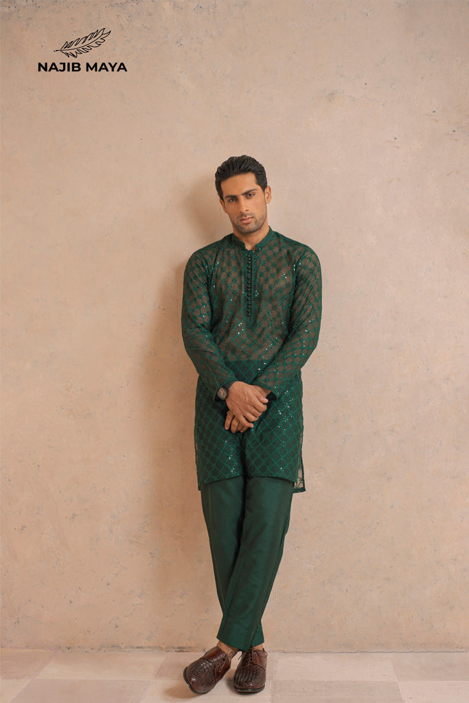 Green Embroidery Kurta Pajama For Men's