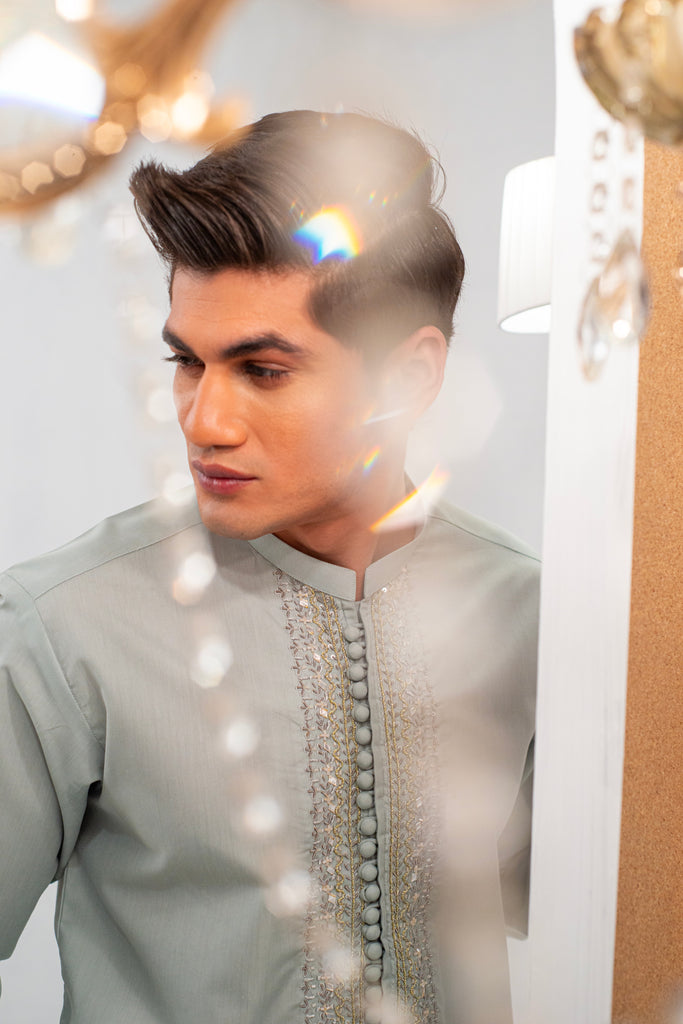 Pista Green Front Handwork Kurta With Pajama For Men's