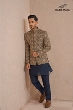 Blue With Golden Embroidery Prince Coat + Blue Kurta Pajama For Men's