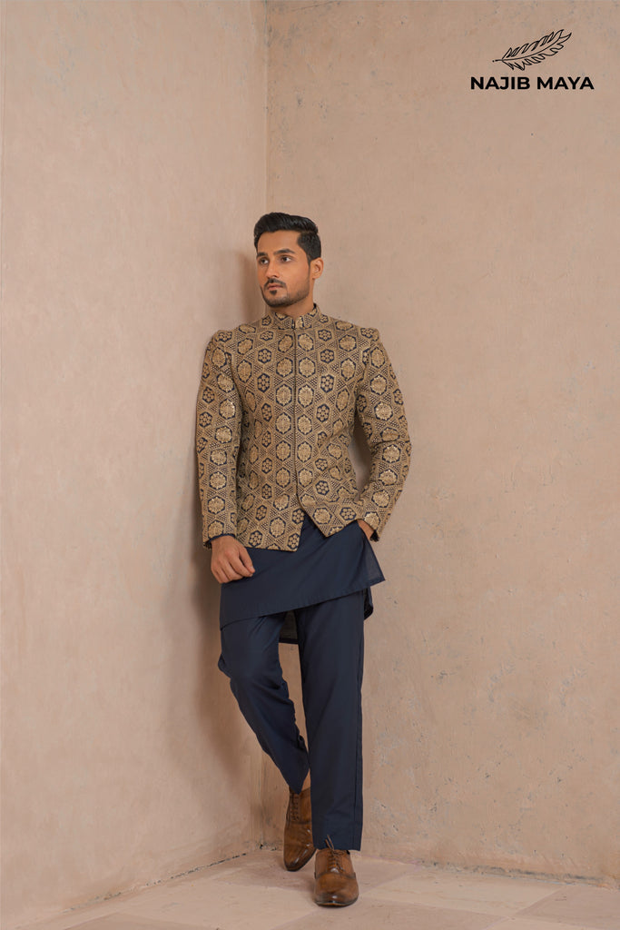 Blue With Golden Embroidery Prince Coat + Blue Kurta Pajama For Men's
