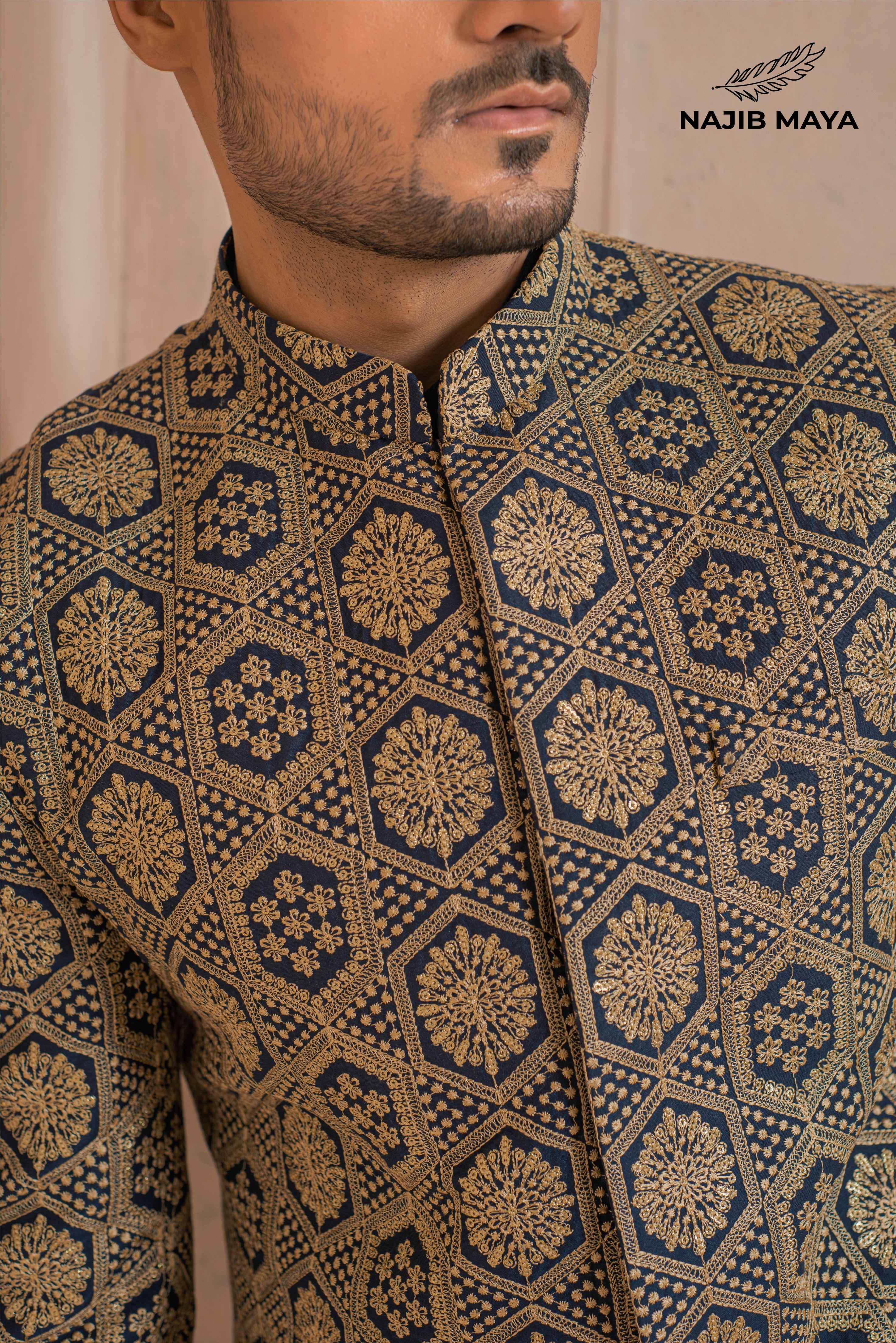 Blue With Golden Embroidery Prince Coat + Blue Kurta Pajama For Men's Secondary image