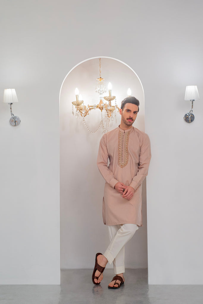 Mate Gold Front Handwork Kurta With Pajama For Men's