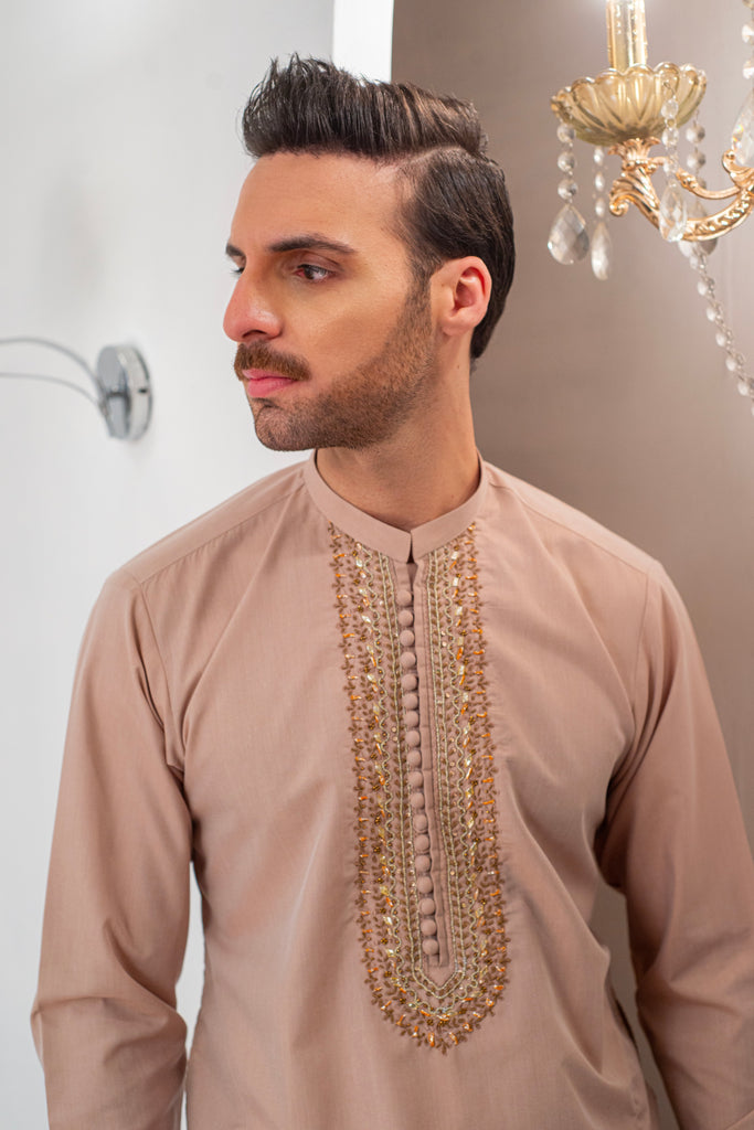 Mate Gold Front Handwork Kurta With Pajama For Men's