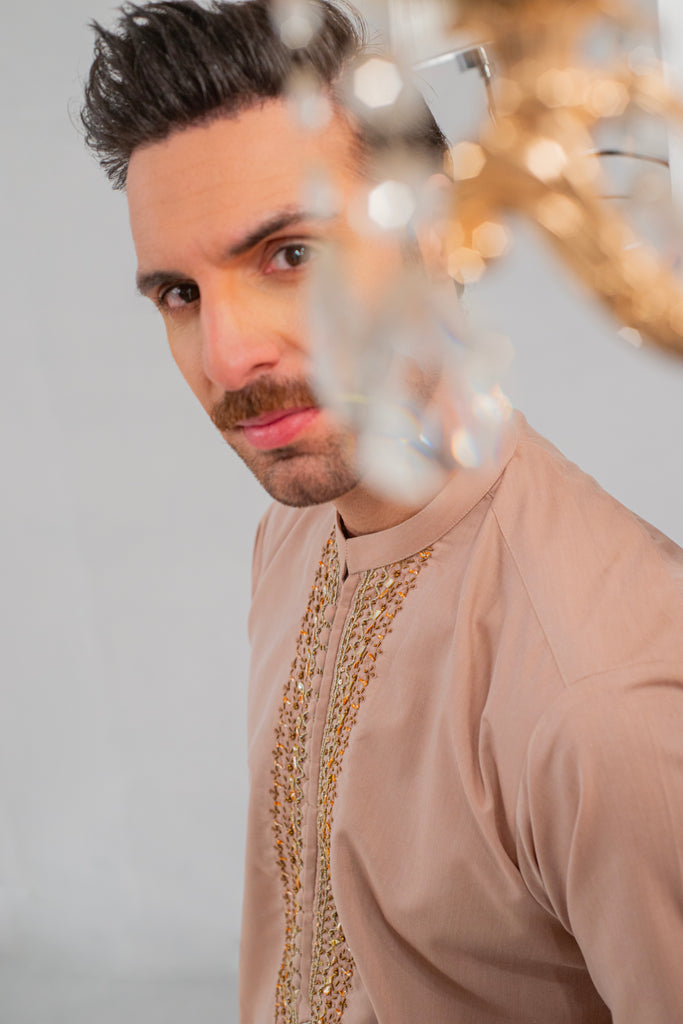 Mate Gold Front Handwork Kurta With Pajama For Men's