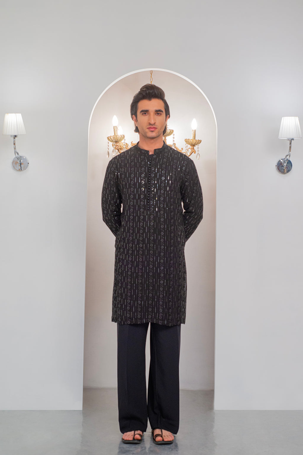 Black Embroidered Kurta With Bell Bottom Pajama For Men's