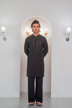 Black Embroidered Kurta With Bell Bottom Pajama For Men's