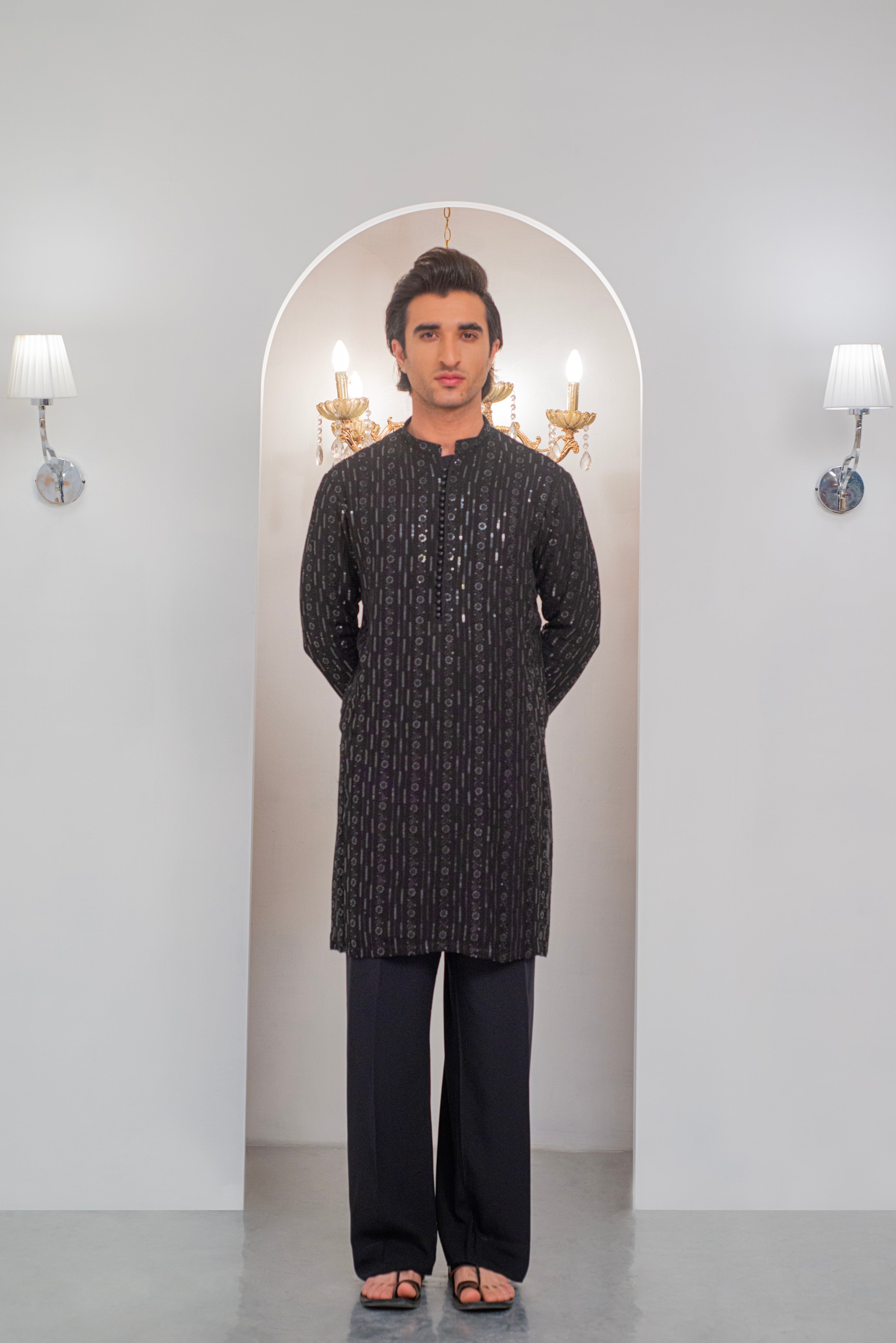 Black Embroidered Kurta With Bell Bottom Pajama For Men's
