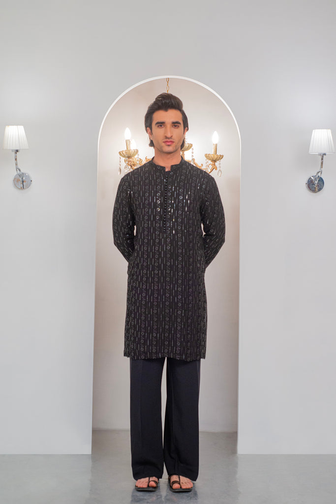 Black Embroidered Kurta With Bell Bottom Pajama For Men's