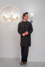 Black Embroidered Kurta With Bell Bottom Pajama For Men's