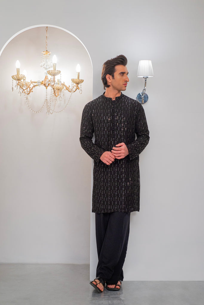Black Embroidered Kurta With Bell Bottom Pajama For Men's