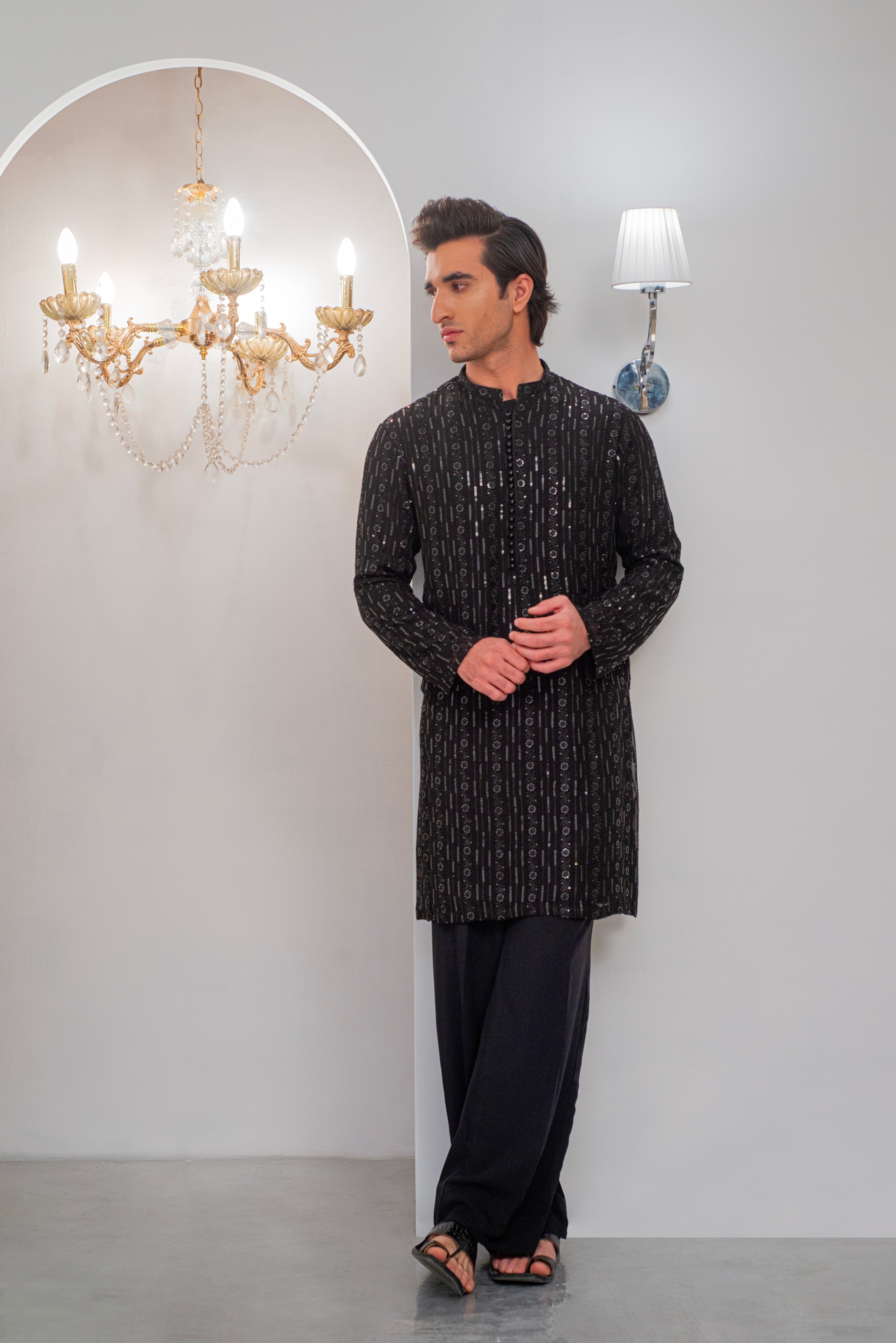 Black Embroidered Kurta With Bell Bottom Pajama For Men's