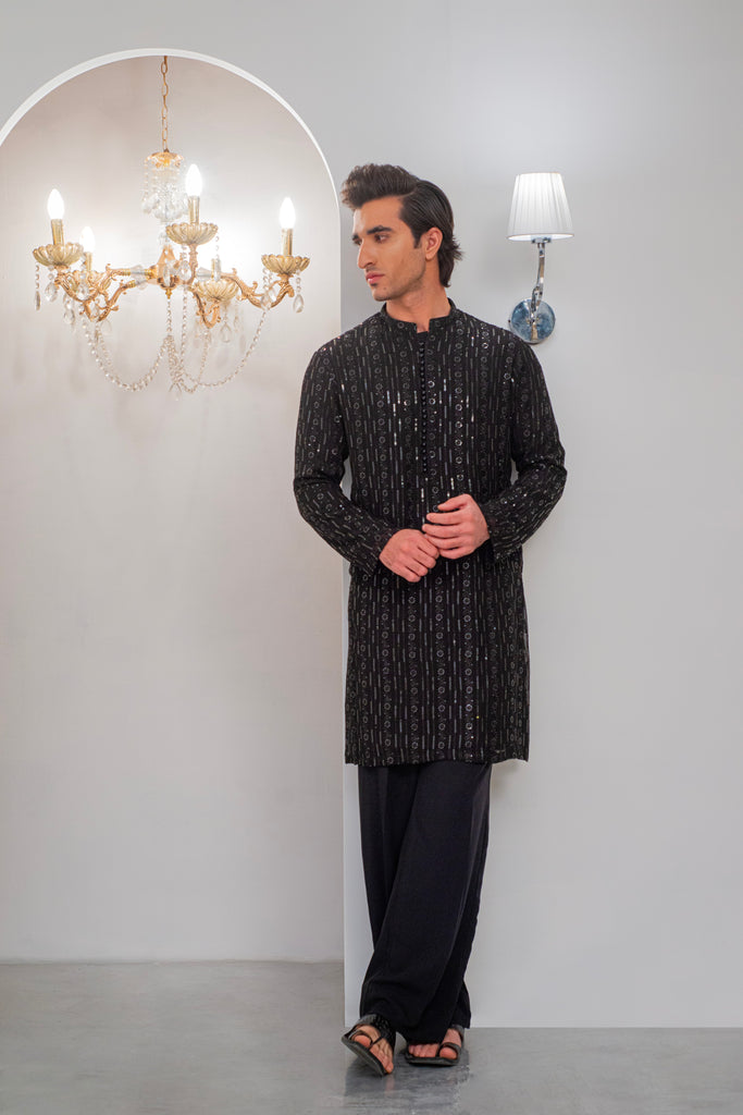 Black Embroidered Kurta With Bell Bottom Pajama For Men's