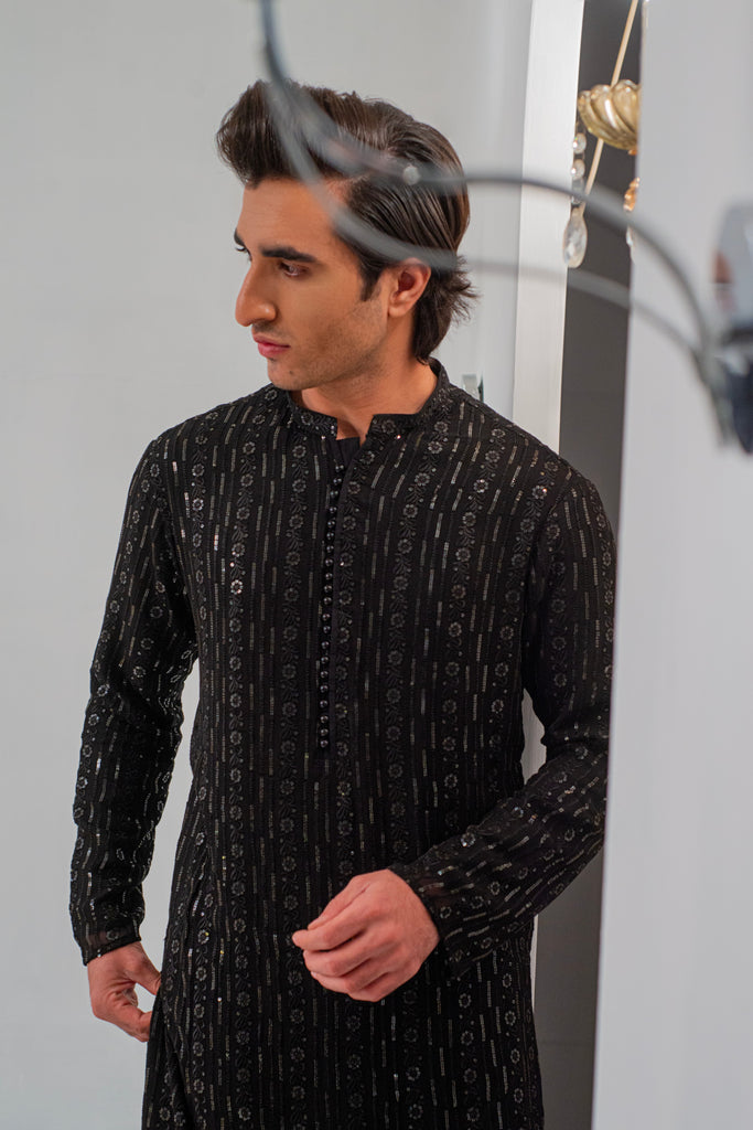 Black Embroidered Kurta With Bell Bottom Pajama For Men's