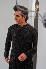 Load image into Gallery viewer, Black Embroidered Kurta With Bell Bottom Pajama For Men's