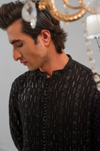 Black Embroidered Kurta With Bell Bottom Pajama For Men's