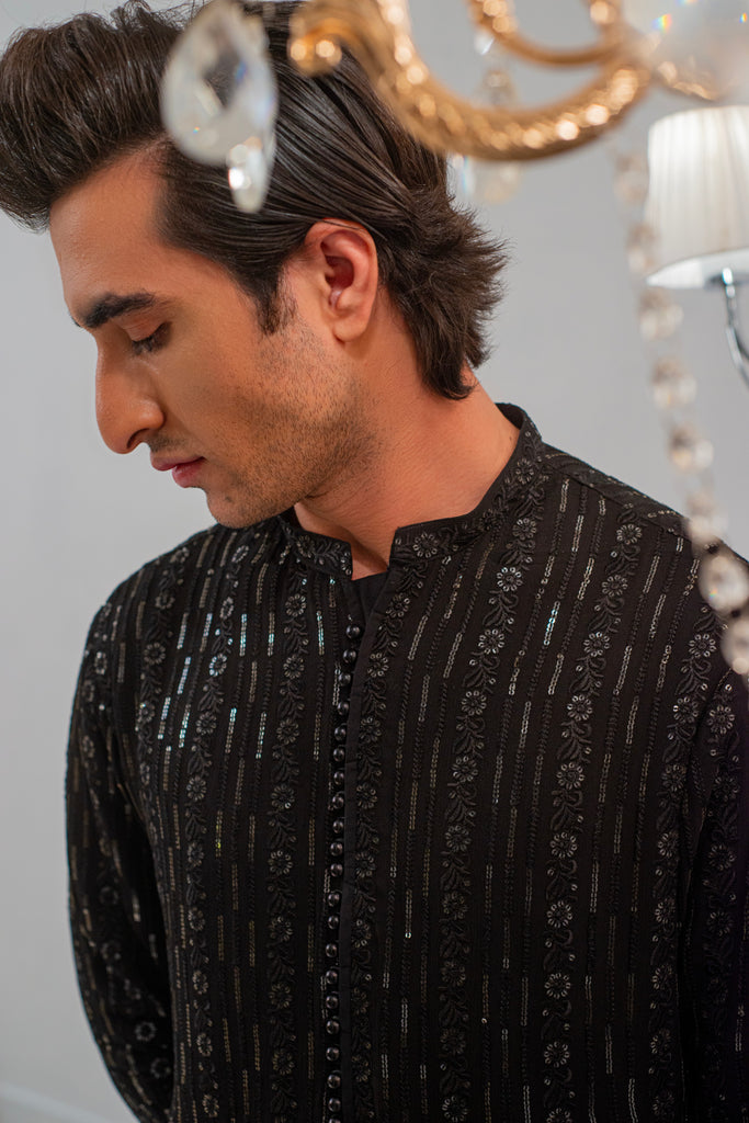 Black Embroidered Kurta With Bell Bottom Pajama For Men's