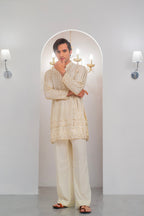 Cream Embroidered Kurta With Bell Bottom Pajama For Men's
