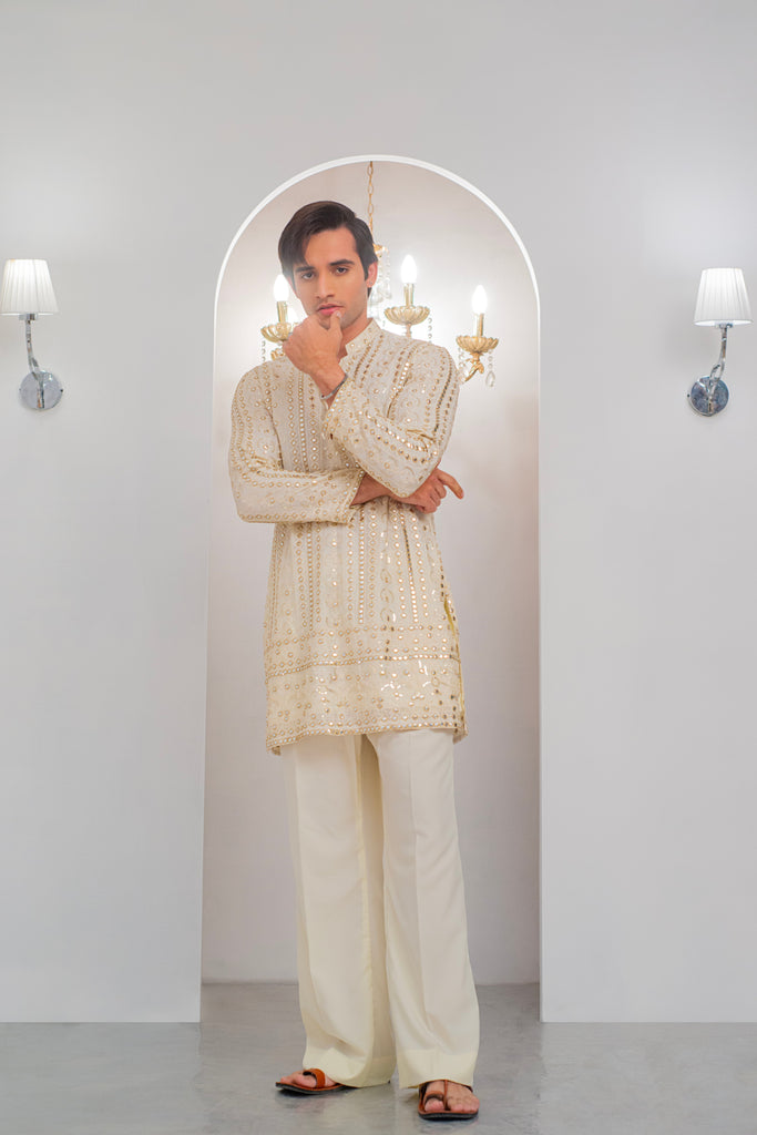 Cream Embroidered Kurta With Bell Bottom Pajama For Men's