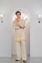 Load image into Gallery viewer, Cream Embroidered Kurta With Bell Bottom Pajama For Men's