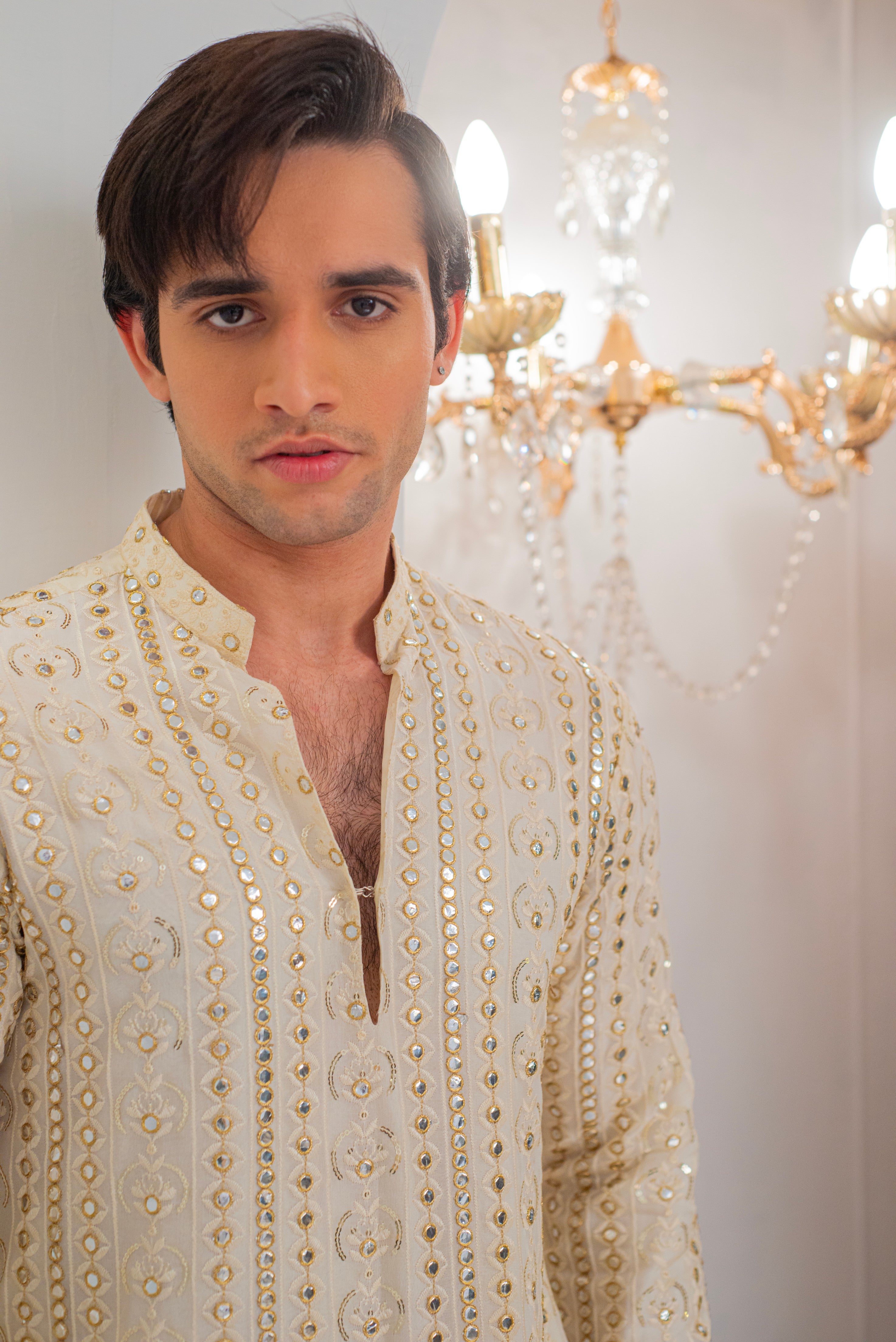Cream Embroidered Kurta With Bell Bottom Pajama For Men's