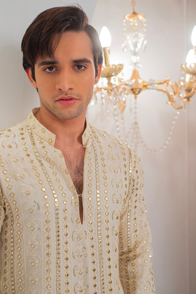 Cream Embroidered Kurta With Bell Bottom Pajama For Men's