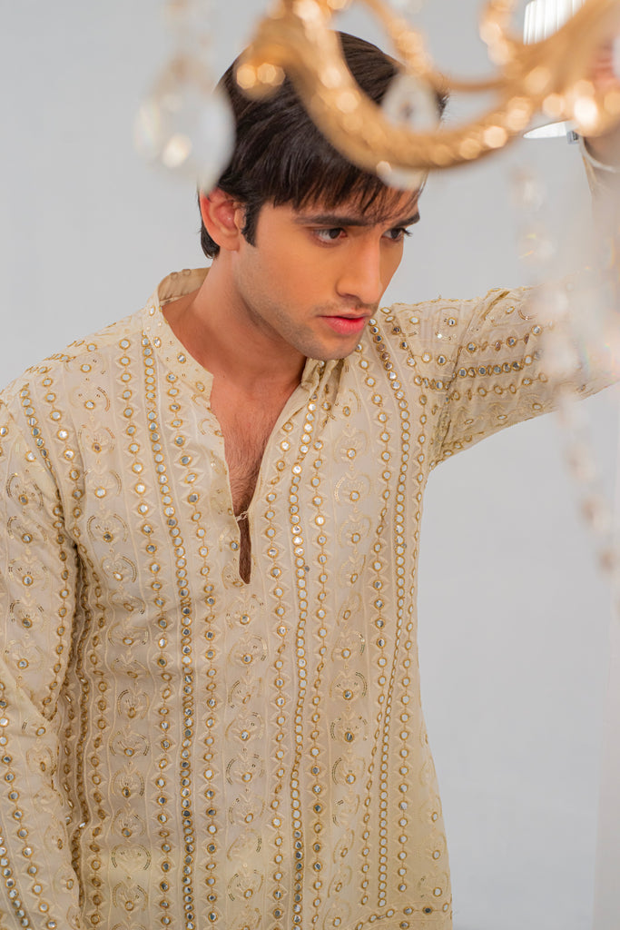 Cream Embroidered Kurta With Bell Bottom Pajama For Men's