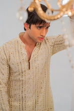 Load image into Gallery viewer, Cream Embroidered Kurta With Bell Bottom Pajama For Men's