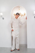 White Embroidered Kurta With Bell Bottom Pajama For Men's