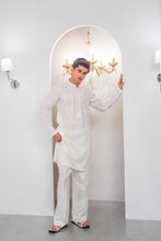 Load image into Gallery viewer, White Embroidered Kurta With Bell Bottom Pajama For Men's