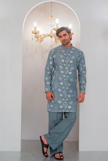 Grayish Blue Embroidered Kurta With Bell Bottom Pajama For Men's